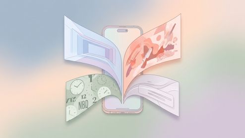 Ilustración conceptual de un iPhone con cuatro capas abstractas que emergen de su pantalla, representando nuevas funciones de personalización.