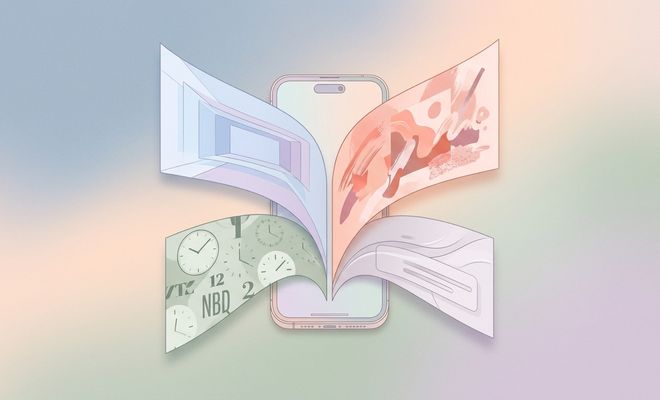Ilustración conceptual de un iPhone con cuatro capas abstractas que emergen de su pantalla, representando nuevas funciones de personalización.