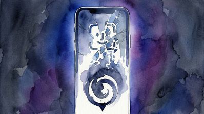 Ilustración artística en acuarela de un teléfono móvil con el icono de Face ID fragmentado en el centro de la pantalla.