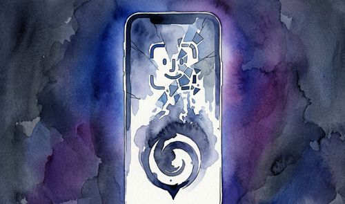 Ilustración artística en acuarela de un teléfono móvil con el icono de Face ID fragmentado en el centro de la pantalla.