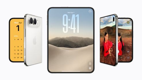 Vistas frontal y trasera del iPhone Duo mostrando su formato plegable, el módulo de cámaras y la interfaz de usuario.