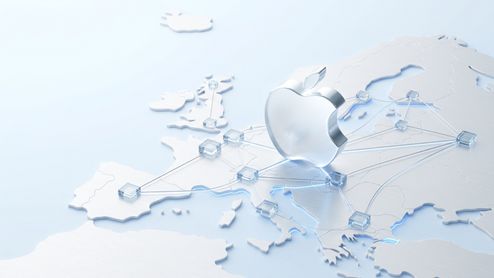 Logotipo tridimensional de Apple sobre un mapa de Europa con conexiones de red metálicas.