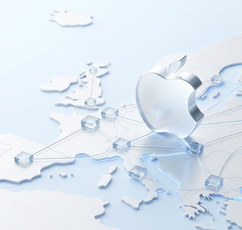 Logotipo tridimensional de Apple sobre un mapa de Europa con conexiones de red metálicas.