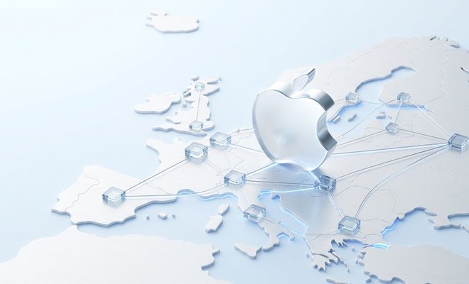 Logotipo tridimensional de Apple sobre un mapa de Europa con conexiones de red metálicas.