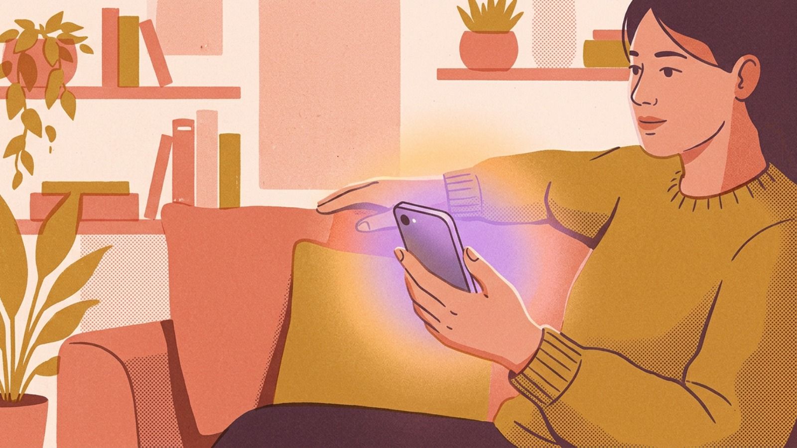 Ilustración de una persona sentada en un sofá utilizando un teléfono móvil que emite un resplandor de colores suaves.