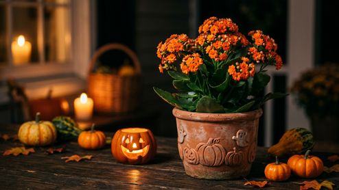 Planta kalanchoe con flores naranjas en una maceta decorada con relieves de calabazas y fantasmas sobre una mesa de madera.