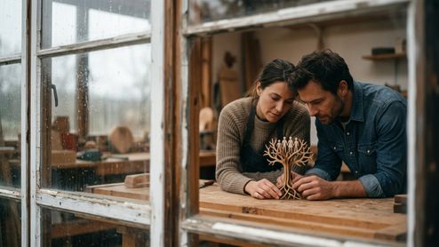 Una mujer y un hombre en un taller de carpintería observan una pequeña escultura de madera con forma de árbol que sostiene siluetas de una familia.