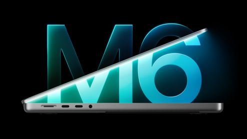 Perfil lateral de un MacBook Pro entreabierto con el logotipo M6 iluminado en tonos azules y verdes al fondo.