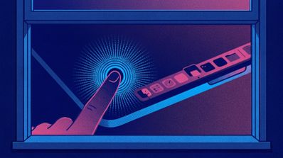 Ilustración de un dedo interactuando con una pantalla táctil que muestra elementos del Dock de macOS.