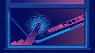 Ilustración de un dedo interactuando con una pantalla táctil que muestra elementos del Dock de macOS.