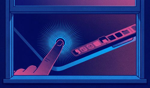 Ilustración de un dedo interactuando con una pantalla táctil que muestra elementos del Dock de macOS.