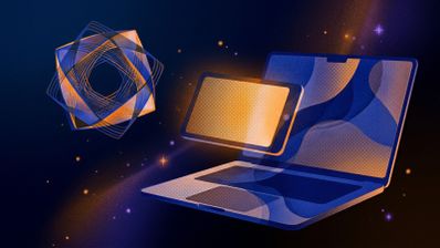 Ilustración conceptual de un ordenador portátil y una tableta sobre un fondo oscuro con partículas brillantes y formas geométricas.