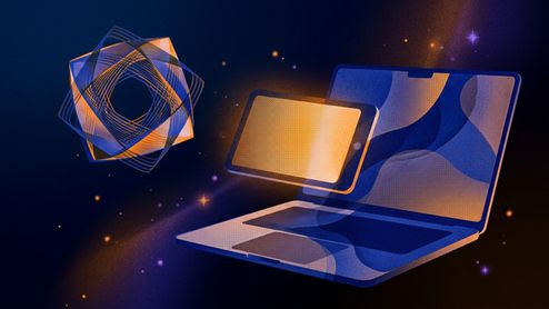 Ilustración conceptual de un ordenador portátil y una tableta sobre un fondo oscuro con partículas brillantes y formas geométricas.