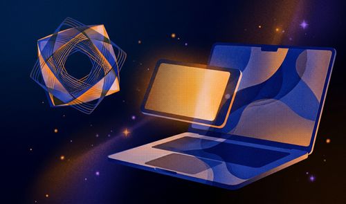 Ilustración conceptual de un ordenador portátil y una tableta sobre un fondo oscuro con partículas brillantes y formas geométricas.
