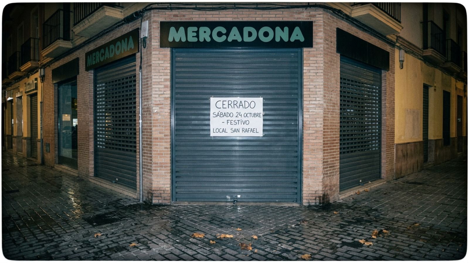 Fachada de un supermercado Mercadona con el cierre metálico bajado y un cartel de aviso por festivo local.