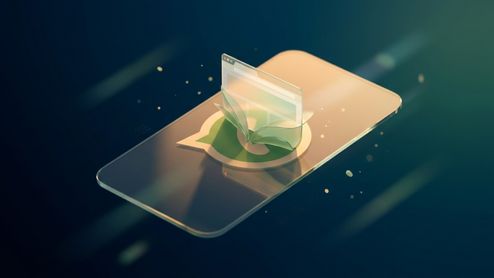 Ilustración conceptual de un navegador web emergiendo del logotipo de WhatsApp sobre la pantalla de un teléfono móvil.