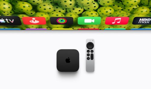 Reproductor Apple TV 4K negro y mando Siri Remote plateado frente a una pantalla con iconos de aplicaciones.