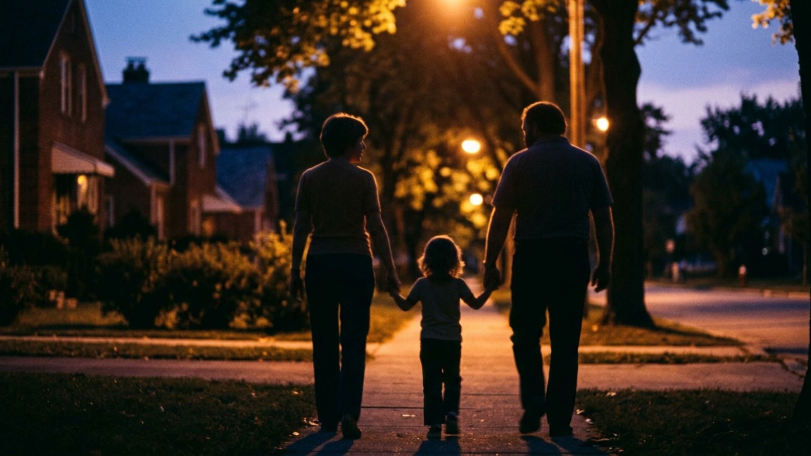 Silueta de una pareja con un niño pequeño caminando de la mano por una acera residencial al atardecer.