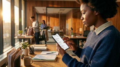 Una mujer joven consulta ofertas de empleo en su teléfono móvil dentro de una oficina iluminada por el atardecer.