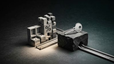 Composición conceptual con una llave sobre un bloque de piedra frente a estructuras de madera que contienen billetes y el símbolo de porcentaje.