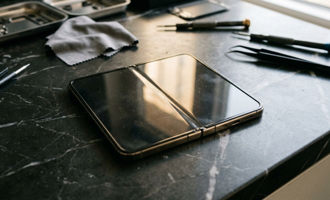 iPhone Duo abierto sobre una mesa de trabajo rodeado de herramientas de precisión y pinzas.