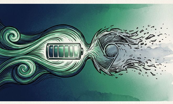 Ilustración artística que muestra un icono de batería cargada expulsando una ráfaga de energía que desintegra el logotipo de Google Chrome.