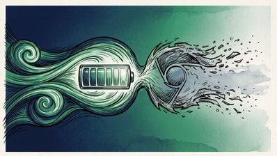 Ilustración artística que muestra un icono de batería cargada expulsando una ráfaga de energía que desintegra el logotipo de Google Chrome.