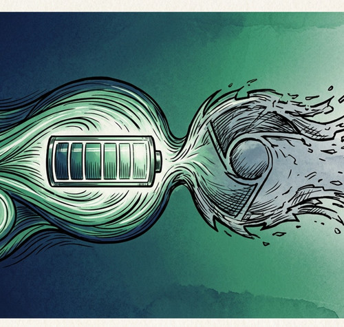 Ilustración artística que muestra un icono de batería cargada expulsando una ráfaga de energía que desintegra el logotipo de Google Chrome.