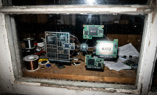 Montaje fotográfico sobre un taller de electrónica que compara los requisitos de hardware entre el chip A17 Pro y el chip A12.