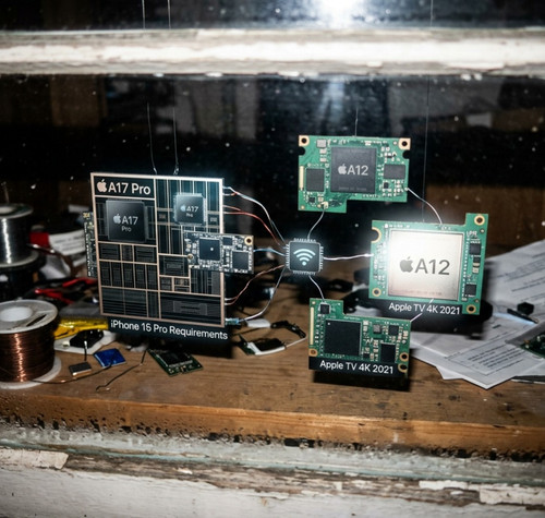 Montaje fotográfico sobre un taller de electrónica que compara los requisitos de hardware entre el chip A17 Pro y el chip A12.