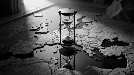 Reloj de arena sobre un mapa en relieve de Europa en blanco y negro.