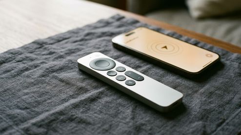 Mando Siri Remote junto a un iPhone que muestra la interfaz de búsqueda por proximidad sobre una superficie textil.