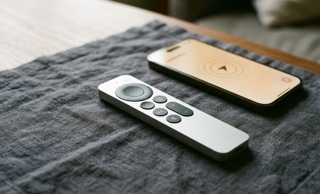 Mando Siri Remote junto a un iPhone que muestra la interfaz de búsqueda por proximidad sobre una superficie textil.
