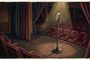 Ilustración de un micrófono de estilo clásico sobre un escenario de teatro vacío iluminado por un foco.