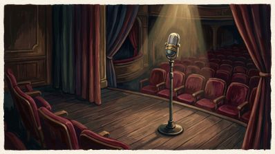 Ilustración de un micrófono de estilo clásico sobre un escenario de teatro vacío iluminado por un foco.