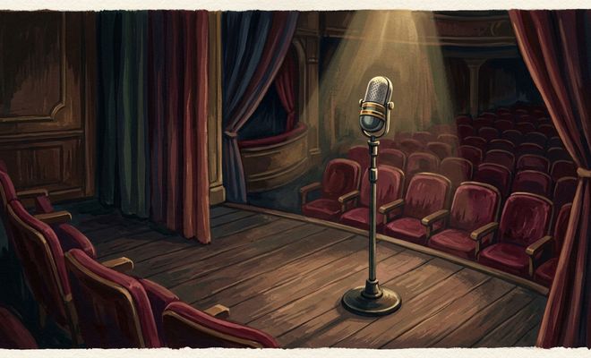 Ilustración de un micrófono de estilo clásico sobre un escenario de teatro vacío iluminado por un foco.