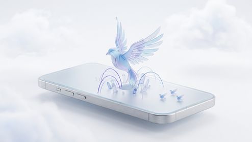 Ilustración conceptual de un pájaro translúcido que emerge de la pantalla de un iPhone entre nubes blancas.