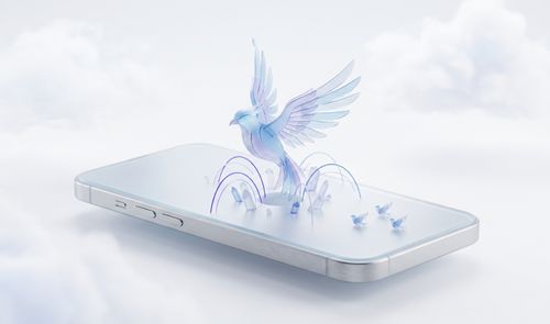 Ilustración conceptual de un pájaro translúcido que emerge de la pantalla de un iPhone entre nubes blancas.