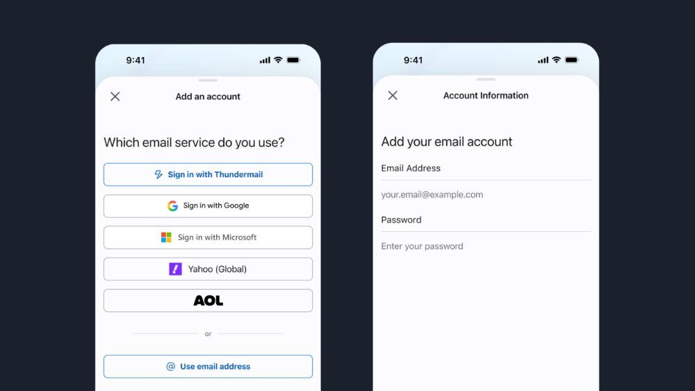 Interfaz de configuración de cuenta en la aplicación de Thunderbird para iOS con opciones de inicio de sesión para Google, Microsoft y Yahoo.