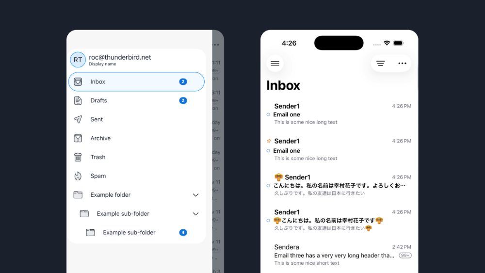 Interfaz de la aplicación de correo Thunderbird en un iPhone mostrando la bandeja de entrada y el menú lateral de carpetas.