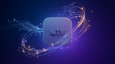 Logotipo de Apple TV rodeado de líneas de datos luminosas sobre un fondo degradado violeta.