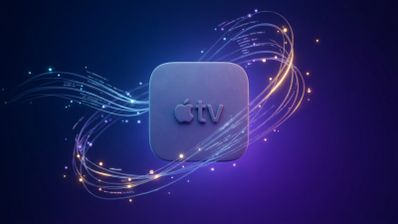 Logotipo de Apple TV rodeado de líneas de datos luminosas sobre un fondo degradado violeta.