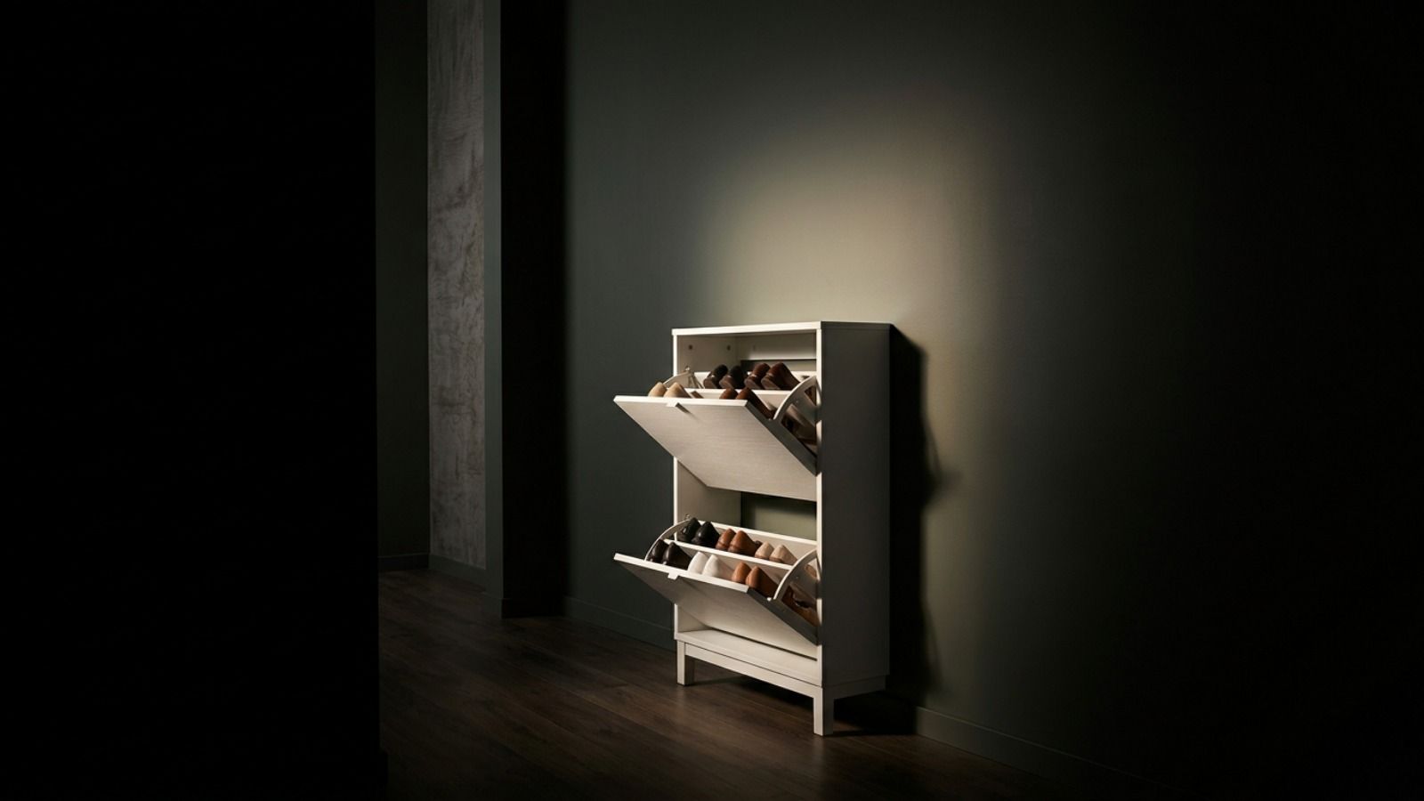 Zapatero BISSA de Ikea en color blanco con sus dos compartimentos abiertos mostrando varios pares de zapatos en un pasillo con luz tenue.